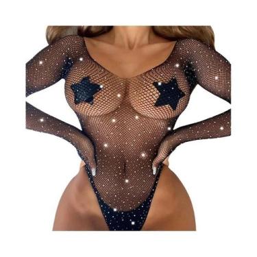 Imagem de Body Feminino Sexy de Verão - Ombro De Fora, Rede Arrastão, Strass e M