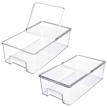 Imagem de Organizadores de geladeira com tampas, grande empilhável, organizador de armário de cozinha para freezer, cozinha, bancadas, armários – rack de armazenamento de despensa de plástico transparente, conjunto de 2