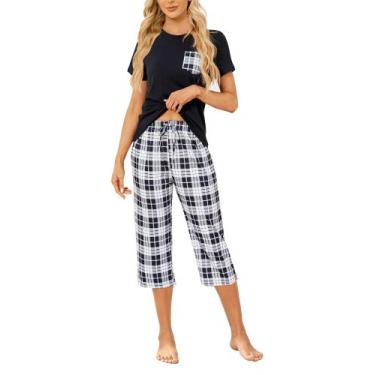 Imagem de Conjunto de pijamas femininos Mchodare Capri de manga curta, preto