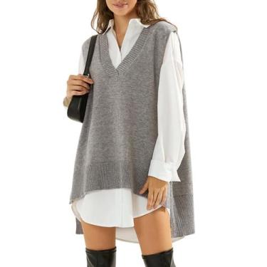 Imagem de Colete de suéter feminino EXLURA, malha, decote em V, túnica, cinza, 2