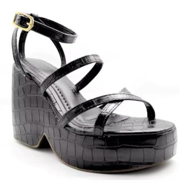 Imagem de 194002FP-Sandália Feminina Anabela Com Tiras estampa Croco Preta e Off White (Preto, BR, Adulto, Numérico, 38)