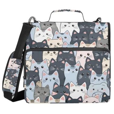 Imagem de Fichário de 3 anéis com zíper com alça de ombro gato fofo azul 3,8 cm fichários grande capacidade vários bolsos para escola material de escritório