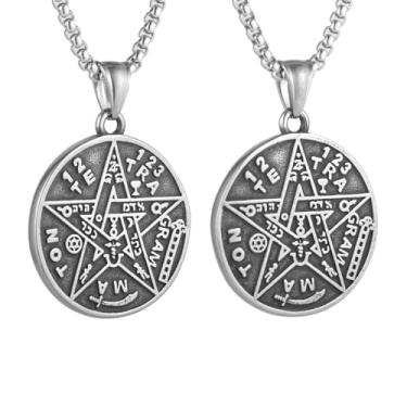 Imagem de Colar com pingente de pentagrama de Salomão Solomon Solomon redondo dupla face gótico punk viking masculino e feminino, aço inoxidável 316L, corrente quadrada de pérola de aço inoxidável, joia vintage