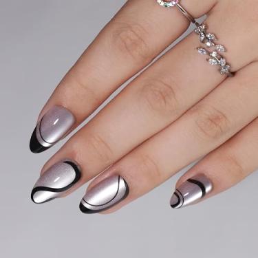Imagem de RTKHFZE Pressionar unhas amêndoas – gel macio espiral ponta francesa pressione unhas curtas com cola, pontas de olho de gato, ajuste perfeito, unhas reutilizáveis em 16 tamanhos – Kit de unhas
