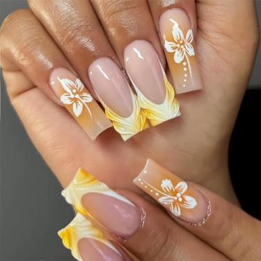 Imagem de RTKHFZE Unhas postiças quadradas de pressão longa com design de flor e ponta francesa, presente de cola nude nas unhas para feriado/dia de Natal/filha/festa/dia dos namorados