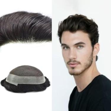 Imagem de Peruca masculina de renda francesa + peruca de poliuretano para homens, sistema de substituição de cabelo frontal de poliuretano com laço em V, unidade de cabelo humano para homens 20 x 25 cm - 120%