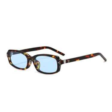 Imagem de HCHES Óculos de sol retangulares pequenos da moda, femininos, com lentes transparentes, armação vintage com rebites e UV400 (azul leopardo)