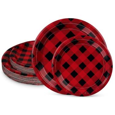 Imagem de LIKAJON 50 pratos de papel xadrez vermelho e preto, 25 peças de 23 cm e 25 peças de 18 cm pratos de sobremesa descartáveis de Natal para formatura, casamento, chá de bebê, festa de aniversário