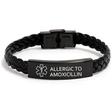 Imagem de DOMYUHAO Pulseira de couro trançado de alerta médico, alergia à conscientização da amoxicilina, alerta de vida de emergência SOS Pulseira de joias de prata ajustável de aço inoxidável gravada para