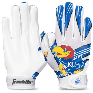 Imagem de Franklin Sports Luvas de futebol americano Kansas Jayhawks para crianças – Luvas de futebol americano oficiais da NCAA – palma de silicone – para crianças de 7 a 10 anos – jovens pequenas/extra