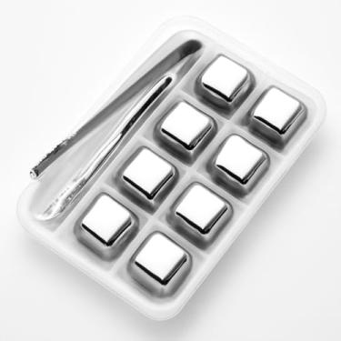 Imagem de Kit 8 Cubos de Gelo Artificial Reutilizável em Aço Inox com Bandeja, Tampa e Pegador - A Experiência Premium para Suas Bebidas!