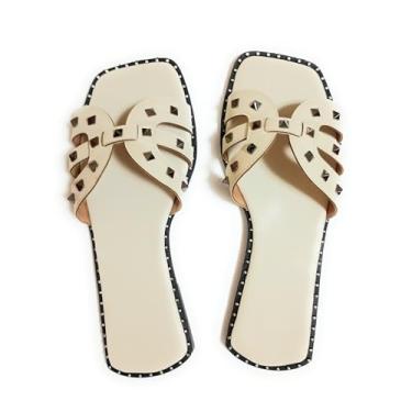 Imagem de Chinelo Feminino com Tachas, Couro Sintético Branco, Design Strappy, Detalhe Metálico. Tamanho 34