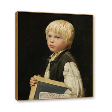 Imagem de Moldura externa de teca. Famosas pinturas a óleo, (menino escolar) por Albrecht Anker, reprodução impressa em tela, arte de cenário para decoração de sala de estar. 80 x 96 cm-31,4 x 37,8 pol