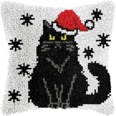 Imagem de QIONG MENG Kits de gancho de trava para adultos, kit de capa de travesseiro com estampa de gato preto de Natal faça você mesmo para decoração de sofá de casa 43 x 43 cm