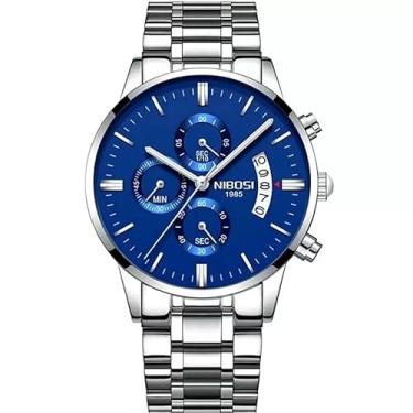 Imagem de Relógio Masculino Nibosi 2309 Analógico Cronógrafo Funcional Original Ponteiro Luminoso Data (Prata/Azul)