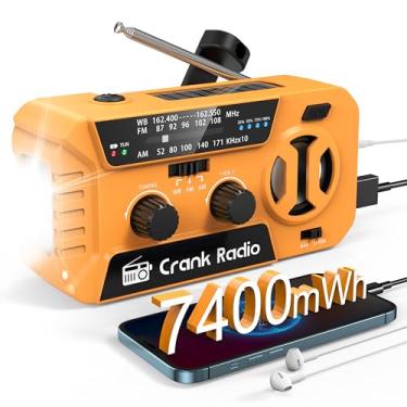 Imagem de Rádio meteorológico de emergência para furacão, rádio meteorológico NOAA, manivela, rádio de emergência com carregador portátil de 7400 mWh, USB/solar/manivela, operado por bateria, lanterna e alarme