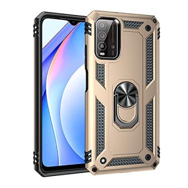 Imagem de SORAKA Capa para Xiaomi Poco M3 com suporte de anel capa protetora Xiaomi Poco M3 capa traseira de policarbonato rígido com placa de metal para celular magnético suporte de carro dourado