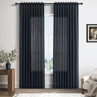 Imagem de Cortinas de linho azul vintage com aba traseira longa de 203 cm para sala de estar, 2 painéis, conjunto moderno de casa de fazenda, gancho, cortinas de linho, filtro de luz, transparente, privacidade