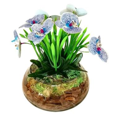 Imagem de Arranjo Decorativo De Orquideas Artificiais Em Silicone Realistas Com Vaso De Vidro Para salas quartos(Azul)