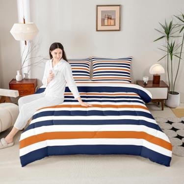 Imagem de Homewish Conjunto de edredom de arte listrada, tamanho king, azul e laranja, para mulheres, homens, moderno, simples, listrado, 1 edredom com 2 fronhas, leve, quente, macio