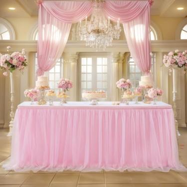 Imagem de CREATCABIN Toalha de mesa de tule rosa de 1,8 m, saias de mesa de tule, saia de mesa tutu com babados, capa de mesa retangular, decorações elásticas com fita adesiva para festa de aniversário
