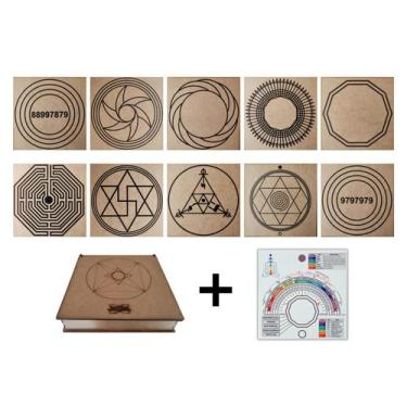 Imagem de Kit Caixa + 10 Gráficos Radiestesia MDF Cru 20x20cm 3mm + Relógio Pran