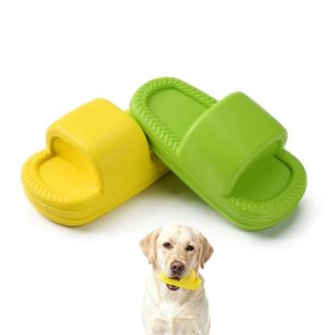 Imagem de MECOOL Brinquedo para cães, 2 peças, chinelos inquebráveis, brinquedos para cães que rangem para dentição, tamanho mastigável, para raças médias e samll, amarelo e verde