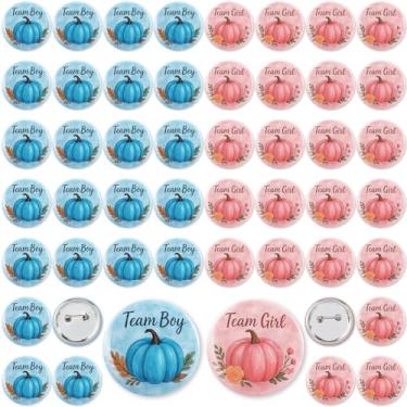 Imagem de Quelay 50 pinos de botão de revelação de gênero 4,75 cm para meninos ou meninas a granel, decorações de revelação de gênero com tema de abóbora lembrancinhas de festa de chá de bebê para convidados