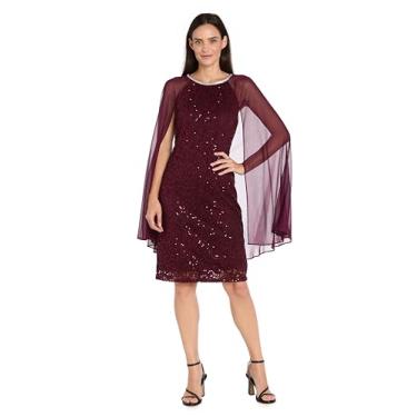 Imagem de R&M Richards Vestido feminino de renda de lantejoulas na altura do joelho com acabamento em strass e capelet de chiffon - roupa elástica para coquetéis e noite, Vinho, 52