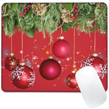 Imagem de Identiy Tapete de rato pequeno de Natal, bolas de Natal, ramos de árvore de abeto, tapete de mesa para teclado e mouse, base de borracha antiderrapante, bordas costuradas para computador, laptop, casa