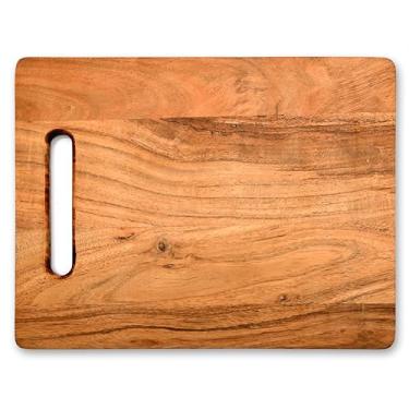 Imagem de Tábua de corte retangular pequena de madeira de acácia – Tábua de cortar de madeira maciça grossa com alça – segura para alimentos, tábua de servir durável para carne, queijo, legumes e pão