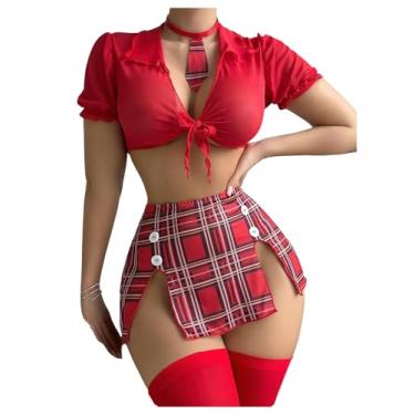 Imagem de SOLY HUX Conjunto de lingerie feminina de fantasia de 6 peças com minissaia xadrez e meias, Xadrez vermelho, M