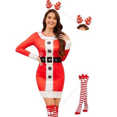 Imagem de Ovokcina Vestidos de Natal para mulheres, mangas compridas, gola redonda, 3 peças, Papai Noel, elfo, estampa vermelha, mini vestido colado ao corpo, para Natal, Ot4-01-P