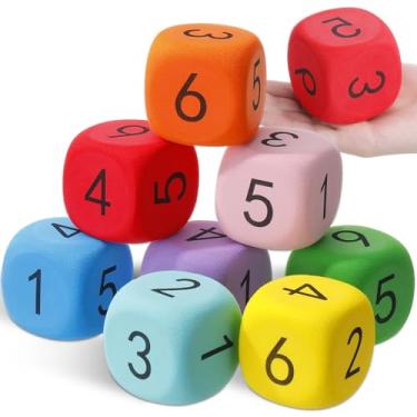 Imagem de Halloscume 8 Pcs Big Foam Dice Set 2.4 Inch EVA Dice Large Assorted Colorful Foam Cubes with Number Dots for Slate Board Game Building Fun Game Night Party Math Learning Session (Number,2.4 Inch)