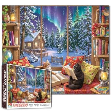 Imagem de Quebra-cabeça de 1000 peças para adultos estudantes Aurora Snow Cabin Bookshelf Holiday Decor Quebra-cabeças relaxante para casa presente de arte de casa 50 × 68 centímetros quebra-cabeça desafiador