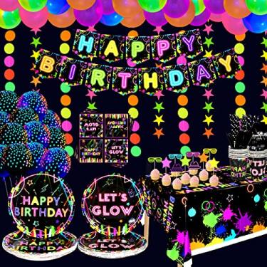 Imagem de Glow Neon Party Tableware Supplies Serves 20 - Includes Glow Happy Birthday Banner, Plates, Tablecloths, Cups,Napkins,Straws,Hanging Swirls,Cake Topper,Balloons,for Blacklight Party Decorations (A)