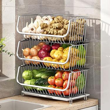 Imagem de Cesta de armazenamento de frutas e vegetais de 2 níveis, cesta empilhável de frutas de aço inoxidável, organizador de cozinha de bancada para itens domésticos, armazenamento de frutas ou produtos