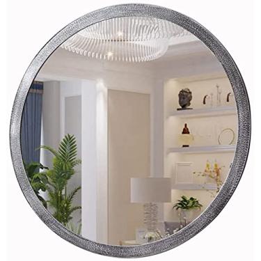 Imagem de Espelho de parede espelho de parede vintage espelho de parede redondo emoldurado de madeira espelhos de maquiagem círculo banheiro espelho de maquiagem para quarto sala de estar, prata (tamanho: 60 cm
