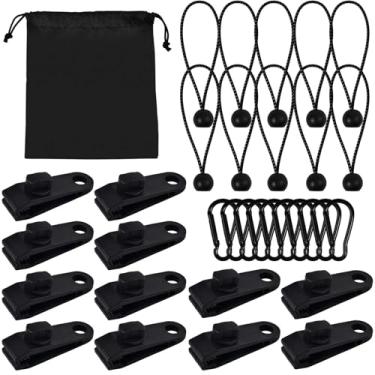 Imagem de LEONTOOL Kit de 30 clipes de lona com 10 grampos de lona resistentes com aderência, 10 cabos elásticos esféricos, 10 mosquetões e uma bolsa de armazenamento para toldo, pano de sombra, cobertura