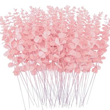 Imagem de FEQO 72 peças de hastes de eucalipto rosa, folhas artificiais, galhos falsos de caule de eucalipto, 38 cm para buquê de casamento, decoração de casa