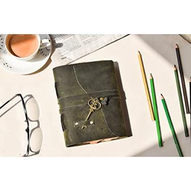 Imagem de OVERDOSE Caderno de couro diário verde com chave - Sketch Diary Sketchbook Book of Shadows Vintage Deckle Paper 12,7 x 17,8 cm | 12 x 17 cm | A6
