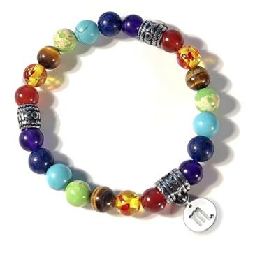 Imagem de PDOUSELF Pulseira de signo do zodíaco 7 chacras com pingente de signo do zodíaco, pulseira elástica de 12 constelações para mulheres, homens, amantes, joias, presente de aniversário, One Size, Pedra