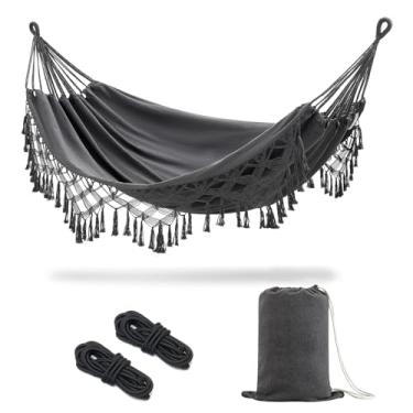 Imagem de JoyView Rede dupla boho macramê com cordas para pendurar e borlas elegantes, rede de algodão portátil de 86 x 59 cm para pátio, quintal, varanda, capacidade de peso de 204 kg, perfeita para uso