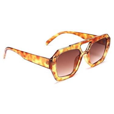 Imagem de Óculos de sol aviador quadrados para mulheres, armação grossa hexagonal com ponte dupla, óculos de sol inspirados em designer, Leopardo amarelo/marrom gradiente, Medium
