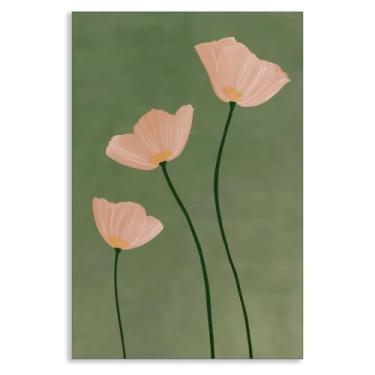 Imagem de Arte de parede em tela de flor de peônia, trio de peônia rosa blush em pôster verde oliva, decoração de parede com imagem floral botânica minimalista moderna, impressão natural simples para quarto de