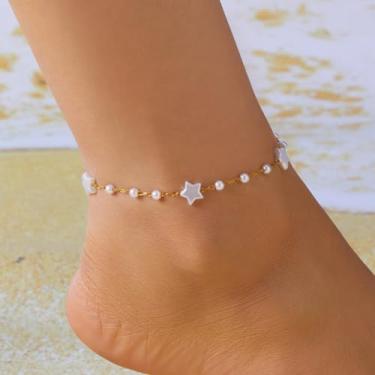 Imagem de Tornozeleira feminina com contas de pérola, coração estrela, contas, praia, pérola, tornozeleira para mulheres, Small, Liga metálica, Sem Pedra Preciosa