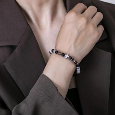 Imagem de Pulseira de contas feita à mão para homens e mulheres, cordão elástico com pedra natural e contas de destaque, joia de pulso ajustável, 7.68Inches, Ágata, Sem Pedra Preciosa