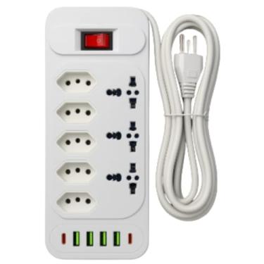 Imagem de Filtro De Linha Suporte De Parede Em Plástico Branco Com 5 Pontos Universais 3 Tomadas Padrão Brasileiro 3 Pinos 2 Tomadas Universais 2 Portas USB-A 2 Portas USB-C Botão Liga E Desliga Suporte Parede