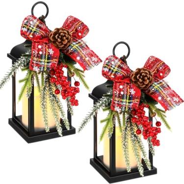 Imagem de Kittmip 2 peças de lanternas decorativas de Natal, lanternas de vela de 25,4 cm com vela cintilante LED sem chama, arco xadrez, baga, decorações para pendurar no feriado, para mesa de varanda, centro