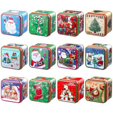 Imagem de Sosation 12 Peças Latas de Biscoitos de Natal Latas Quadradas de Folha de Flandres de Natal de Grande Capacidade Retrô com Tampas Recipientes de Biscoitos para Armazenar Doces, Biscoitos, Tratar Chá,